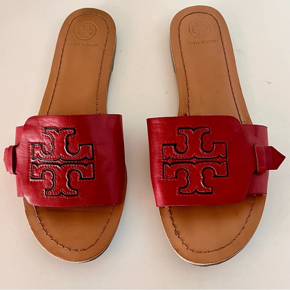Tory Burch Ines Brilliant Red Leather Slide Sandals Size 38 Excellent Condition - Picture 4 of 8